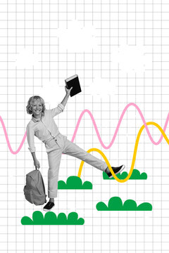 Vertical photo collage of happy blonde boy hold book school backpack education concept reader bush clouds isolated on painted background