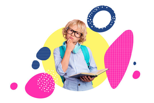 Creative poster collage of&nbsp;funny small boy read book unsure minded back school shopping concept&nbsp;unusual fantasy billboard comics zine