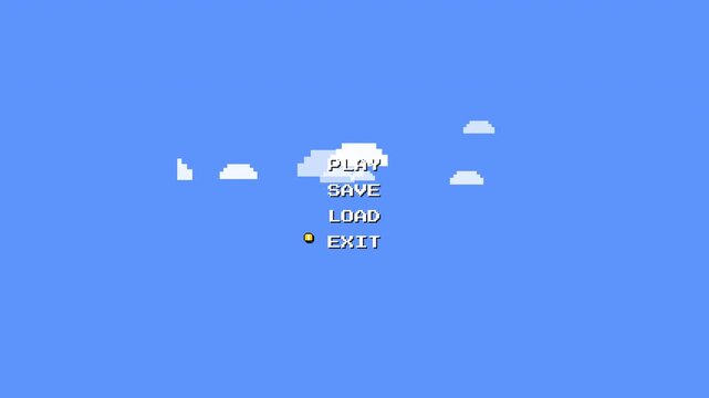 A classic 8-bit platformer style menu animation. Features a scrolling sky background with pixel clouds, typing text, a bouncing pixel coin cursor, and a staggered block drop transition to a PRESS STAR