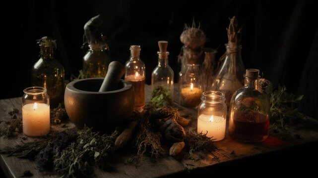 Mortar and pestle with potion bottles and burning candles on witch table. Halloween alchemy and magic potion preparation concept.