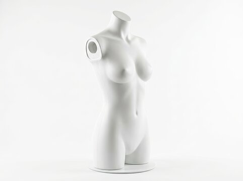 White Female Mannequin Torso on Round Stand Isolated on White Background for Fashion Retail Display