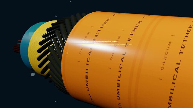 3D animation detailing the complex internal layers of an ROV umbilical tether, including polyurethane jacket, galvanized steel armor, kevlar braid, copper conductors, and optical fiber strands
