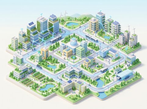 Isometric Green Smart City with Eco Friendly Buildings, Solar Panels, Wind Turbines, Parks and Roads, Sustainable Urban Concept