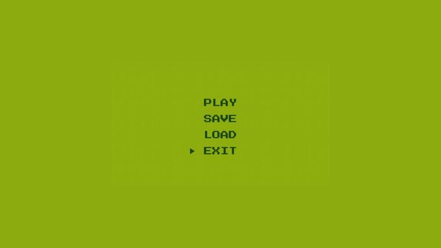 A classic 8-bit handheld console style menu animation. Features a nostalgic monochromatic green dot-matrix LCD aesthetic, typing text, a bobbing cursor, and a pixel wipe transition to a blinking PRESS