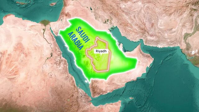 Riyadh, the capital city of Saudi Arabia, is highlighted on map of Saudi Arabia in video footage