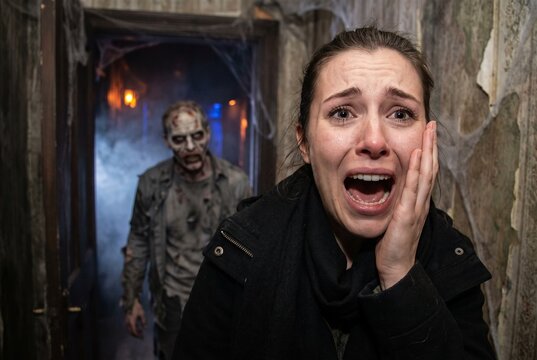 Terrified crying woman screaming in panic while a creepy zombie attacks from the dark background. Halloween haunted house attraction