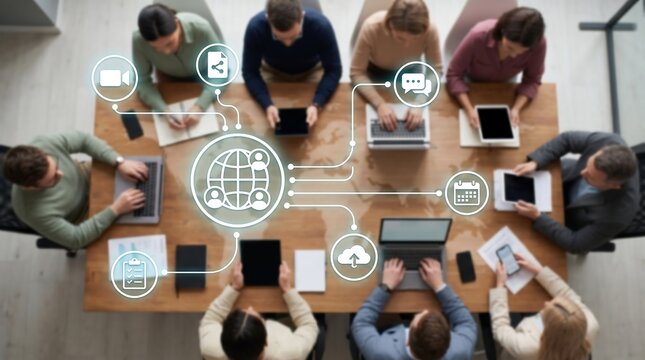 Team of business professionals working at table with global network interface and communication icons illustrating collaborative project management and remote team connectivity solutions