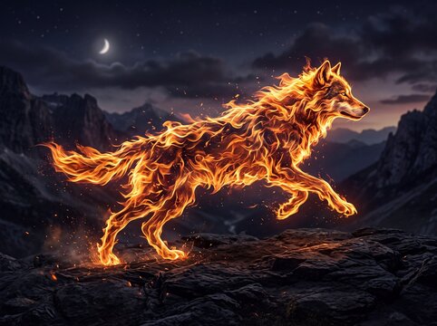 Majestic elemental fire wolf leaping across mountain rocks at night