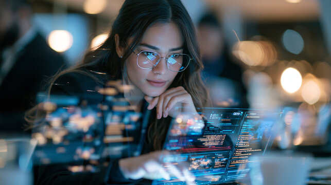 Media rights manager reviewing a holographic content ownership ledger with glowing timestamped entries, sleek studio office