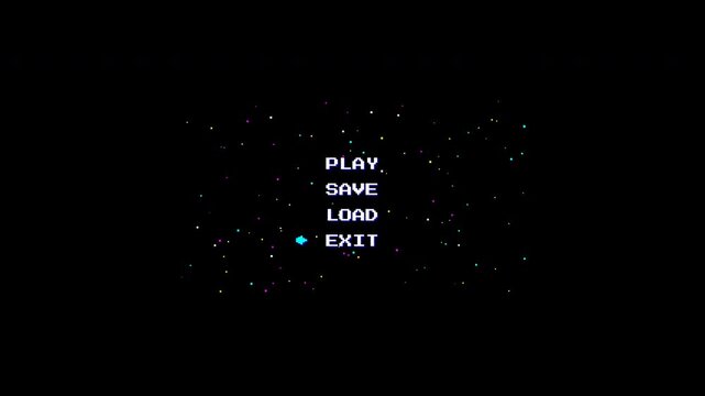 A classic 8-bit space shooter style menu animation. Features a scrolling starfield background, typing arcade text, a pixel spaceship cursor, and a hyper-warp transition to a blinking PRESS START scree