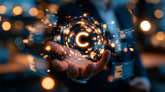 Business professional holding a glowing copyright symbol above their palm, translucent legal document overlays floating nearby, modern office backdrop, copy space