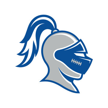 Knight Mascot Logo Vector Illustration Featuring a Silver and Blue Spartan Helmet with a Football Lacing Design on the Face Mask and a Large Plume on a White Background