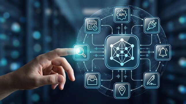 Human hand touching API management digital interface with glowing nodes and connectivity icons in a high tech server room setting for software integration and network communication