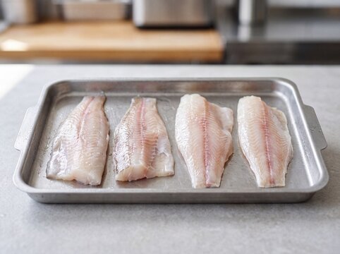 Fresh raw fish fillets prepared on a stainless steel tray
