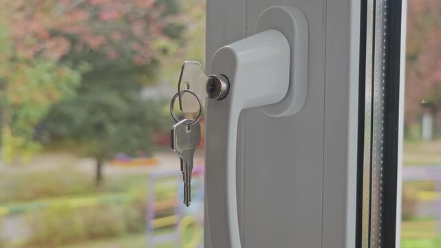 Close up of a window handle with a childproof lock and a key. Home safety equipment preventing accidents and unauthorized entry