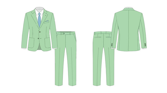 Professional Men Light Green Business Suit Blazer and Trousers Front and Back View Formal Apparel Design Sketch