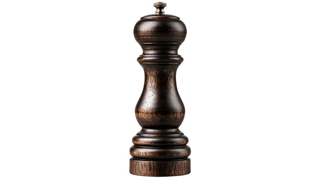 A professional studio shot of a classic wooden pepper mill grinder tall dark walnut wood, clean PNG isolated on a solid white background