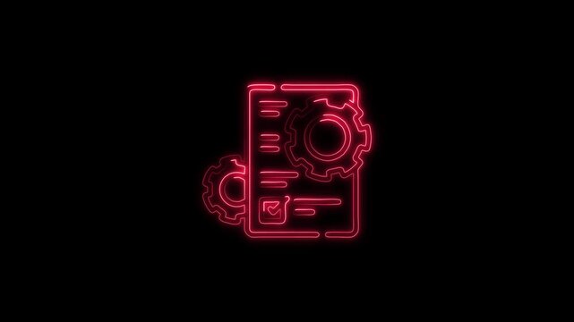 Glowing red neon outline of graduation cap document with gear and magnifying glass on black... icon