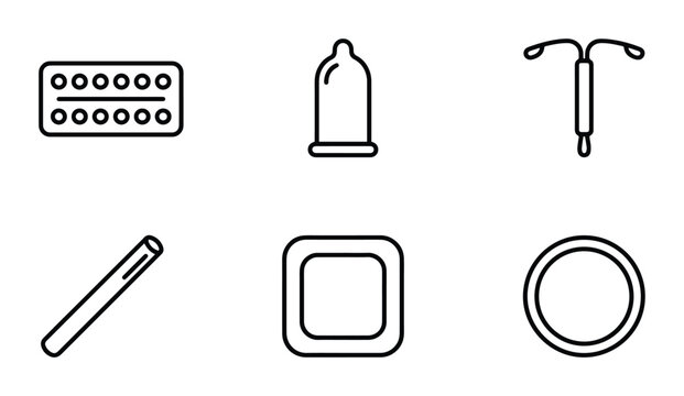 Contraception Methods Icons, Birth Control Devices, Family Planning Symbols, Health Care Vector Set