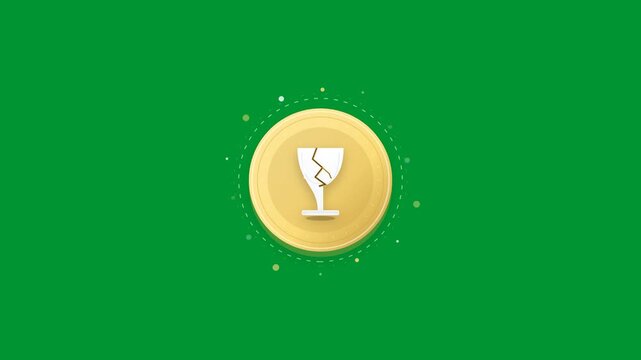 Fragile shipping label glass icon cracking on golden round button in smooth animation loop isolated on solid chroma key green screen background in 3D render