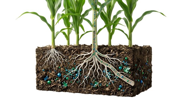 Scientific 3D Cross-Section of Crop Roots Absorbing Toxic Chemicals and Pollutants from Soil