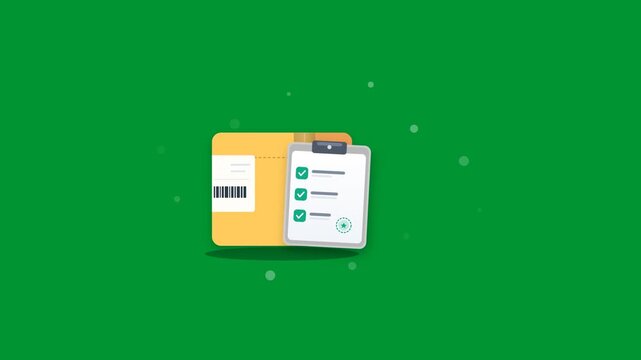 Cardboard shipping package parcel and delivery checklist clipboard with checkmarks floating smoothly in seamless 2D flat motion animation on green screen