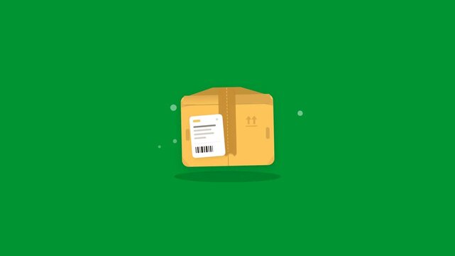 Cardboard delivery parcel box with shipping label gently hovering up and down in seamless loop isolated on green screen chroma key background in 2D animation