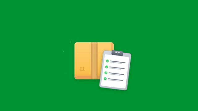 Cardboard parcel box with logistics delivery checklist clipboard animating in smooth loop motion on chroma key green screen background in flat 2D vector style