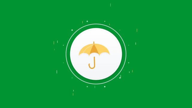 Yellow keep dry shipping umbrella icon rotating and pulsing inside white circle with falling rain particles on chroma key green background in 2D vector animation