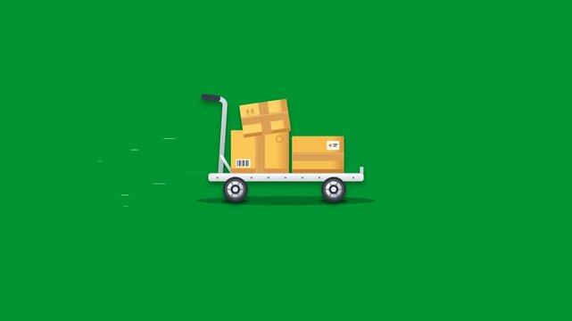 Delivery warehouse hand truck loaded with cardboard shipping parcel boxes moving forward horizontally in a seamless loop on solid green screen side view 2D flat animation
