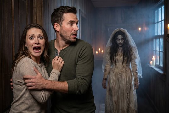 Frightened couple hiding from a creepy ghost bride in a smoky candlelit hallway. Terrified man and screaming woman in a Halloween haunted house.