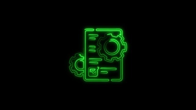 Glowing green neon outline of graduation cap document with gear and magnifying glass on black... icon