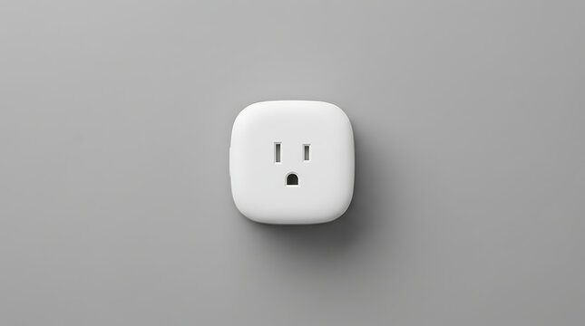 Modern White Smart Home Plug Wireless Outlet Isolated On Minimalist Gray Background For Internet Of Things Technology