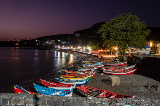Beautiful Ribeira Grande night view with beach and fishing boats, Santiago, Cape Verde