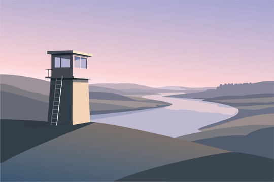 Minimalist vector illustration of a watchtower overlooking a winding river at sunset