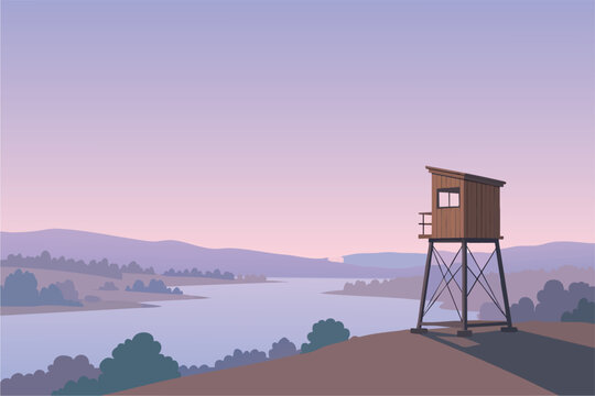 Pixel art landscape with a wooden watchtower overlooking a calm river at sunset
