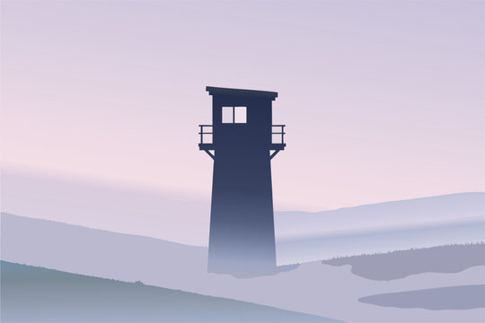Silhouette of a lonely watchtower in a misty landscape at dawn