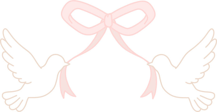 Two white doves holding pink ribbon vector illustration, wedding love birds icon