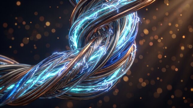 High resolution macro view of twisted metallic fiber optic cables conducting glowing blue electrical lightning energy. Futuristic industrial power concept with golden bokeh particles and light rays.