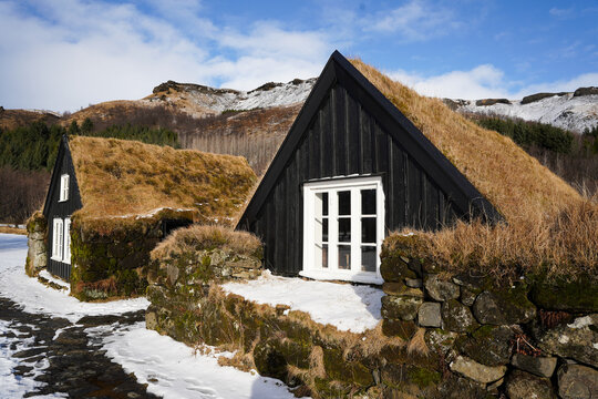 Traditional icelandic turf cottage with grass roof, Iceland