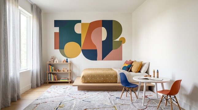 Modern Kids Bedroom Geometric Wall Mural Interior
