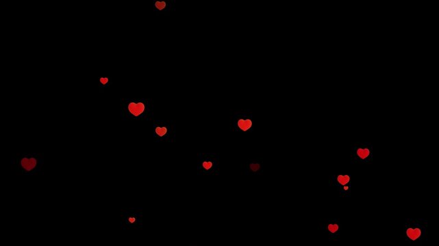 Red heart icons animation. love hearts rising up, Pink and shiny heart particles flowing up on a dark background,  Live stream reactions in social media. Follower like support. Flying hearts.