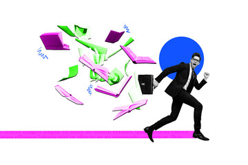 Obraz premium Composite creative art collage of unhappy man run university pressure session deadline book supplies exam isolated on painted background