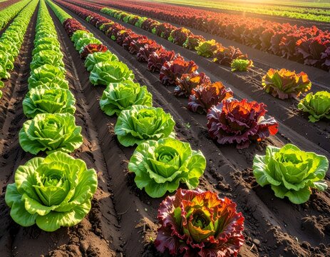 Fresh lettuce rows growing in organic farm field at sunset