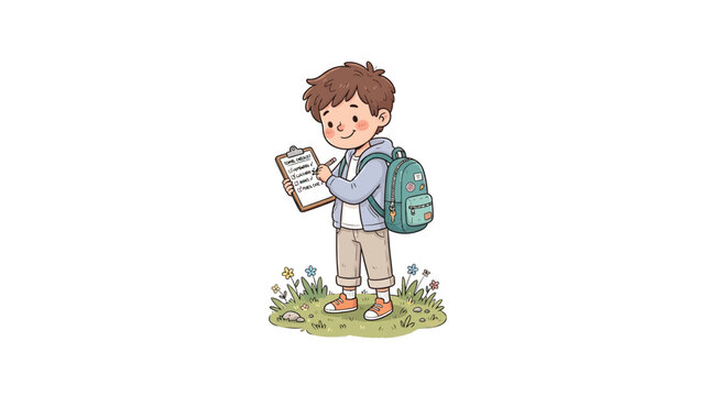 Boy Checking Backpack Checklist Cartoon Vector Illustration