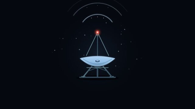 Space technology satellite dish ground station transmitting pulsing radio wave signals into dark starry night sky in seamless 2D vector graphic animation loop