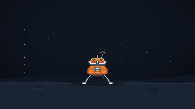 Robotic space technology lander module emitting radio signal transmission pulses on dark lunar surface planet ground in flat 2D vector animation style loop