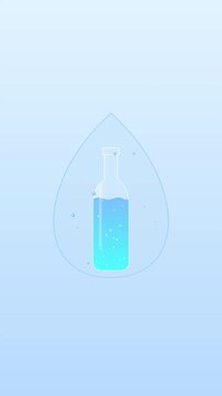 A minimalist vector illustration of a refreshing glass bottle filled with cool blue water inside a water droplet symbol on a light background