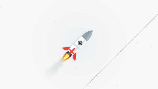 space technology rocket ship with fiery thruster engine flying diagonally in continuous loop motion over clean minimalist white background in flat 2D graphic animation style