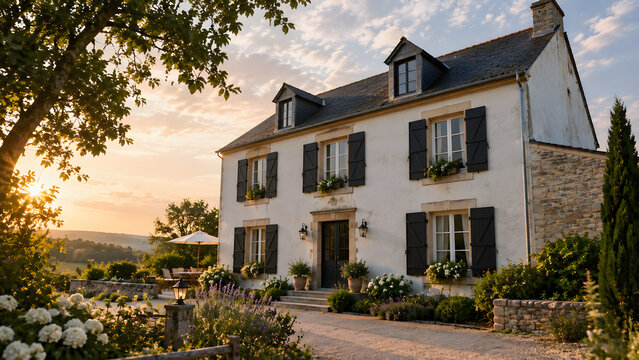 Traditional French Country House with White Facade, Black Shutters and Stone Window Sills, Charming European Architecture